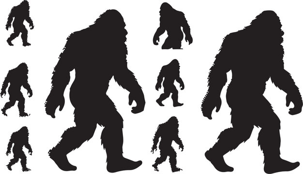 Bigfoot silhouettes in various walking poses shown
