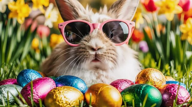 Easter Bunny Wearing Sunglasses Surrounded by Colorful Easter Eggs in a Garden with Flowers, Festive Season