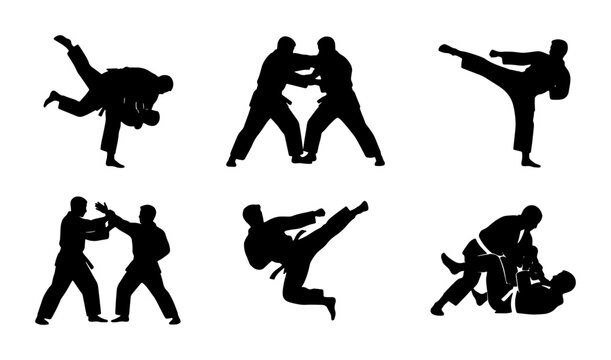 Martial Arts Silhouettes, Combat Sports Action Poses, Karate and Judo Grappling Figures, Dynamic Fighting Techniques, Vector Set