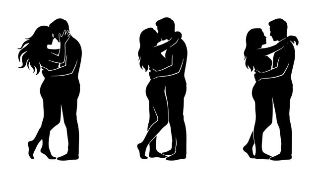 Romantic Couple Silhouettes, Love Embrace Vector Icons, Intimate Pair Poses, Affectionate Relationship Graphics
