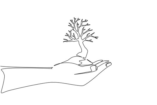 Continuous line drawing of giant human hand lifting cracked earth with a dead tree. Barren land phenomena nature concept for World Day to Combat Desertification and Drought environmental infographic