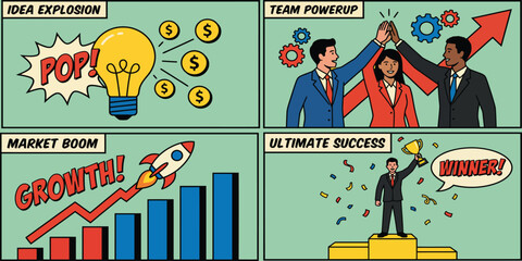 Comic Pop Business Success Flat Vector Illustration Collection © Rkniazi