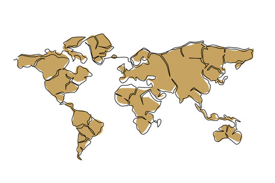Continuous line drawing of global world map made of dry cracked desert land. Severe climate change nature phenomena concept for World Day to Combat Desertification and Drought documentary graphic.