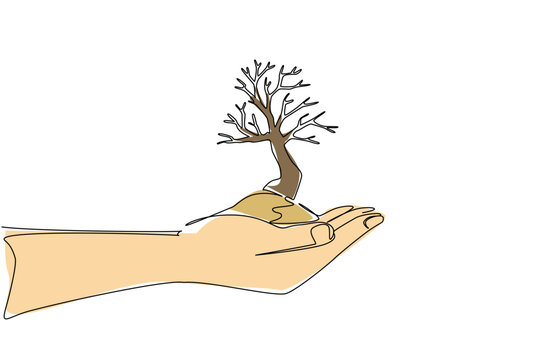 One line drawing of human hand holding dry soil with bare dead tree on top. Desert ecosystem nature phenomena concept for World Day to Combat Desertification and Drought social media campaign post.