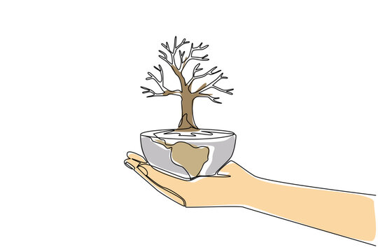 Continuous line drawing of human hand holding half earth bowl with bare dead tree inside. Global warming nature campaign concept for World Day to Combat Desertification and Drought online poster.