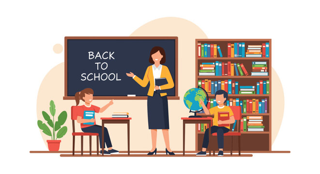 Female teacher instructing two young children in a well stocked library with books, a globe, and a back to school message.