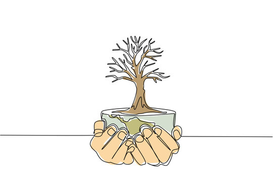 One line drawing of two human hands protecting half globe with bare dead tree. Environmental save earth campaign concept for World Day to Combat Desertification and Drought social media graphic.