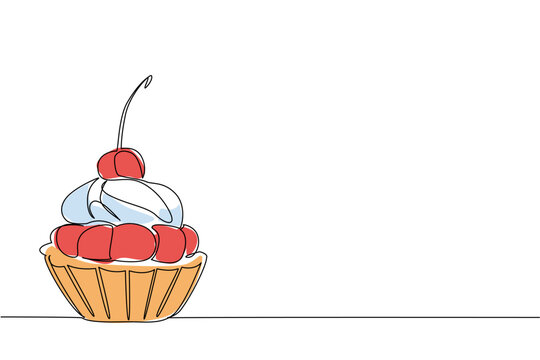 One line drawing of sweet mini cherry tart topped with cream and fresh fruit. Gourmet baking cupcake food concept for National Cherry Tart Day restaurant dessert menu cover illustration artwork.