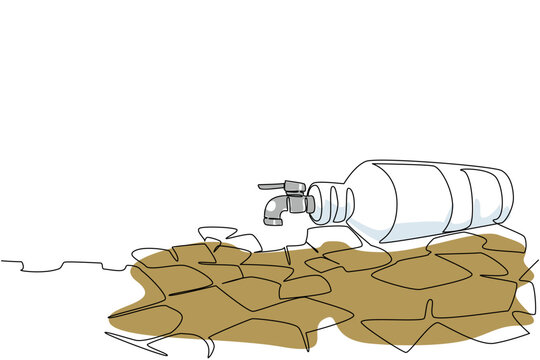Single line draw of empty plastic bottle with tap like water dispenser rest on arid cracked ground. Severe drought concept for World Day to Combat Desertification and Drought public awareness poster