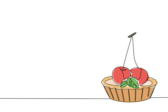 Single line drawing of delicious whole cherry tart garnished with two fresh cherries and mint leaf. Yummy fruit dessert food concept for National Cherry Tart Day supermarket discount brochure layout