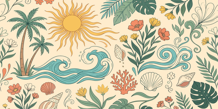 Luxury Tropical Botanical Summer Doodle Vector Pattern Collection