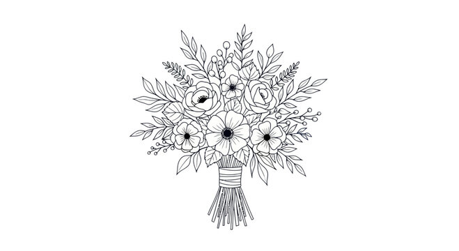 Hand-drawn floral bouquet, elegant line art with delicate flowers and leaves, isolated on white.