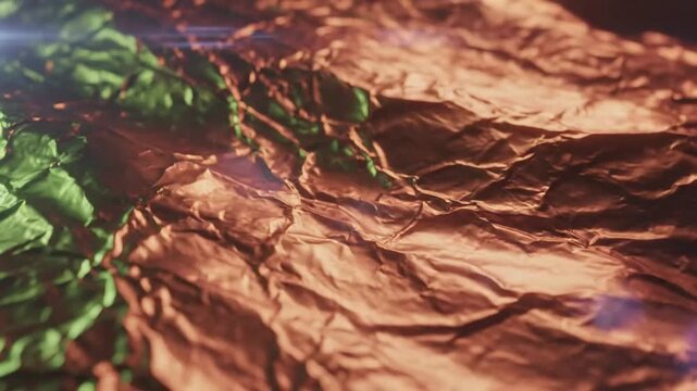 Abstract close up of wrinkled copper-colored foil with green highlights and lens flare, artistic texture background.