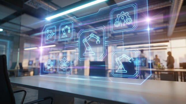 Dynamic Angle Shot of AI Holographic Icons Displacing Entry-Level Tasks in Modern Office