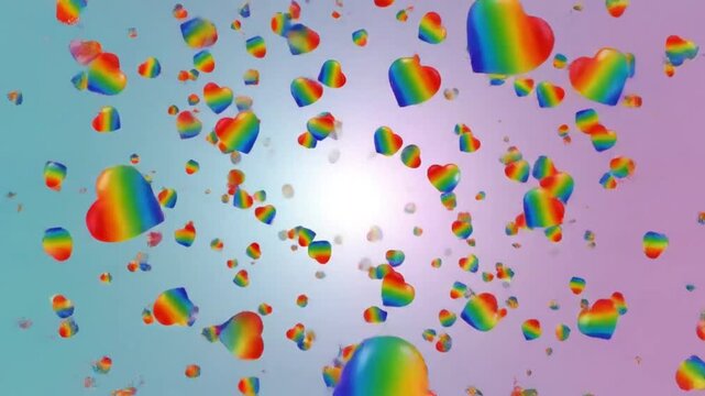 Rainbow hearts burst from a central cluster against a gradient background, expressing love and joy