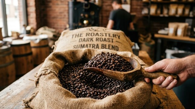 Freshly roasted Sumatra blend coffee beans scooped from a burlap sack