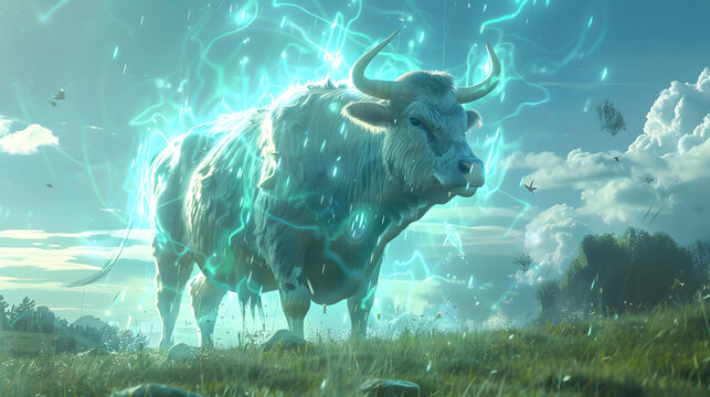 Majestic bull with glowing blue electricity emanating from its body stands in a lush green field under a vibrant blue sky with fluffy white clouds.