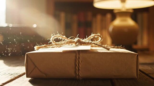 Cozy rustic setting with a wrapped present on a wooden table near a bookshelf and lamp with sunlight and floating dust