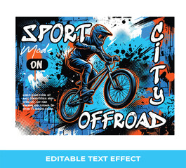 Fototapeta premium Urban style modern t-shirt design with boy on bicycle Sport extreme grunge illustration for guys on black background with text effect editable