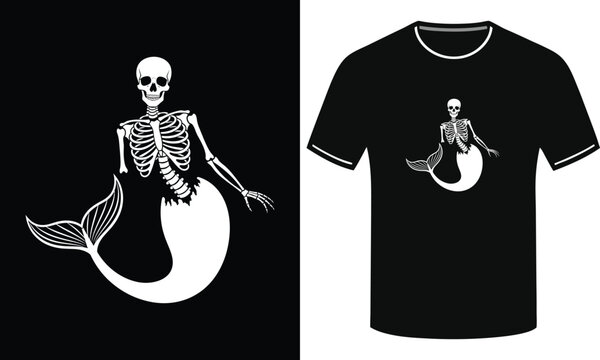 Skeleton mermaid with fish tail on black background, presented on a black t-shirt.