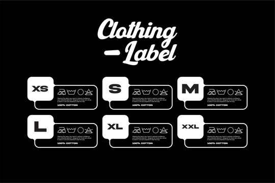 Clothing Size Labels with Care Instructions Icons.