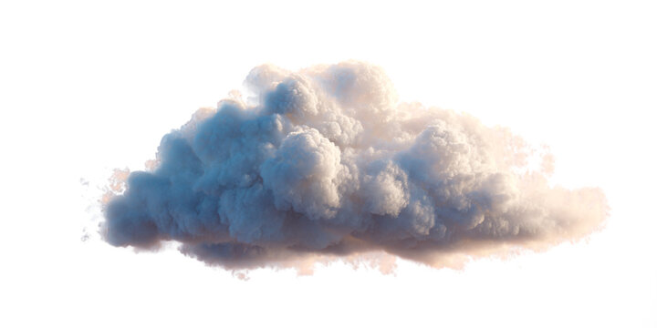 Fluffy white cloud with blue and pink lighting isolated on transparent background, realistic transparent png perfect for overlay in weather, sky, and natural environment design