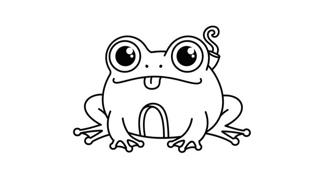 Cute cartoon frog with a pipe and tongue sticking out, line art illustration