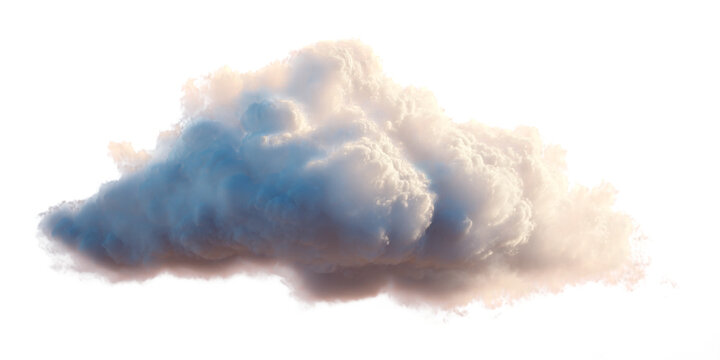 Realistic white cloud with blue and white tones isolated on transparent background, fluffy cumulus atmospheric weather element for design and illustration, transparent png file