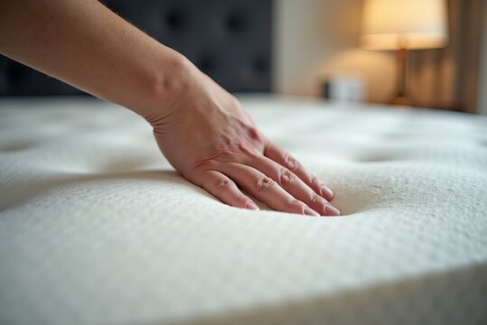 Close-Up Shot of a Hand Inspecting Orthopedic Memory Foam Mattress at a Luxury Furniture Store.