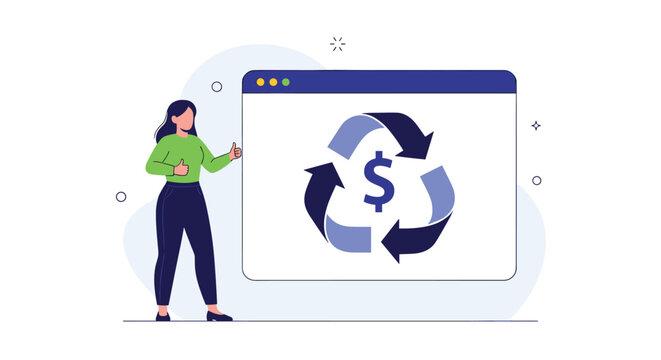 Successful businesswoman presenting digital platform for circular economy and profitable recycling initiatives with thumbs up gesture for approval.