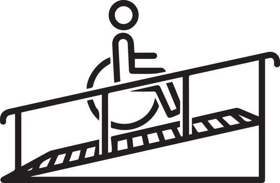 Premium Accessible Wheelchair Ramp with Handrail Vector Icon for Disability Compliance, Web Design, UIUX, Signage, Accessibility Guidelines, ADA Standards, Inclusive Design, Public Spaces