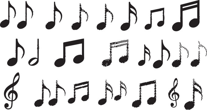 Collection of various black musical notes on white