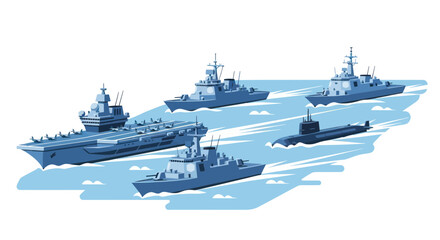 Naval Fleet Formation: Aircraft Carrier, Warships, and Submarine Sailing © Iwak