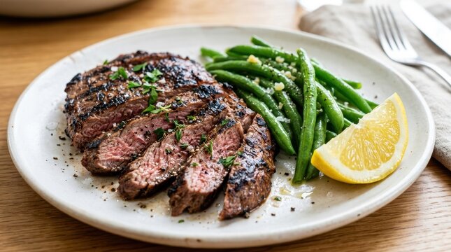 Juicy grilled steak sliced and served with fresh green beans and lemon wedge