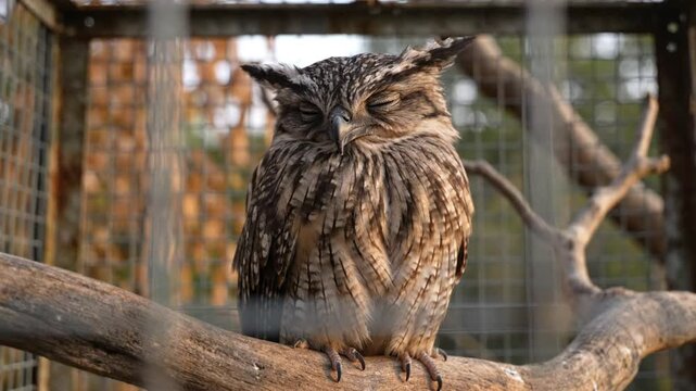 An owl rests on a branch inside of an enclosure with its eyes partially closed and its feathers ruffled looking calm