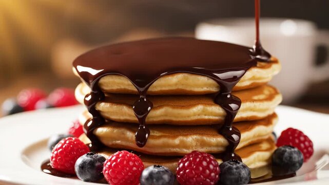 Thick chocolate syrup pouring onto a stack of fluffy golden pancakes decorated with fresh red raspberries and blueberries on a white ceramic plate in a warm kitchen setting.