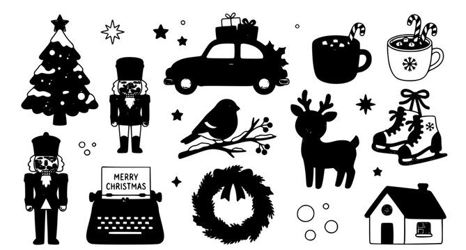 Cute Christmas clipart vector set with tree red car candy canes nutcracker and winter decorations