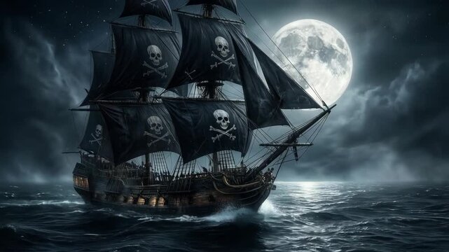 Pirate ship with black sails sailing beneath full moon at sea 
