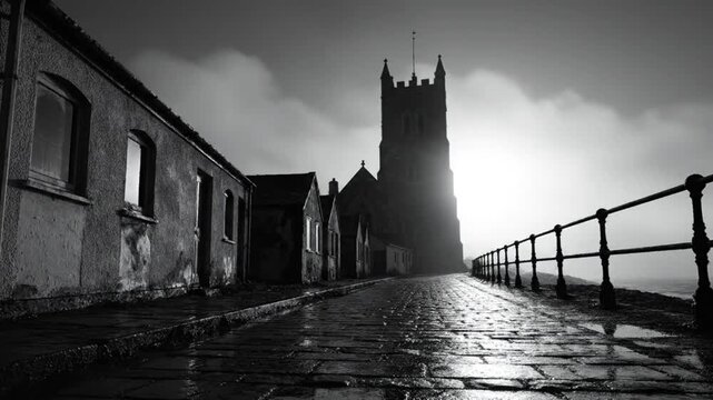 Black and white seaside town street view with a church at the end of the road under a dramatic cloudy sky