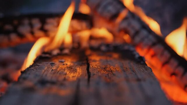 Burning campfire close up, flames dancing on wood, cozy outdoor experience at night, peaceful nature scene