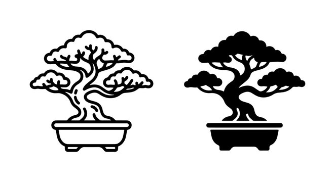 Bonsai Tree Icons, Miniature Japanese Garden Plant Vector Art, Zen Nature Symbol