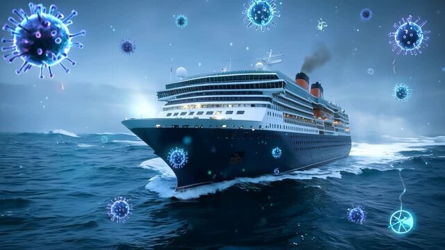 Cruise ship with glowing virus particles, ocean waves background, health precaution atmosphere 
