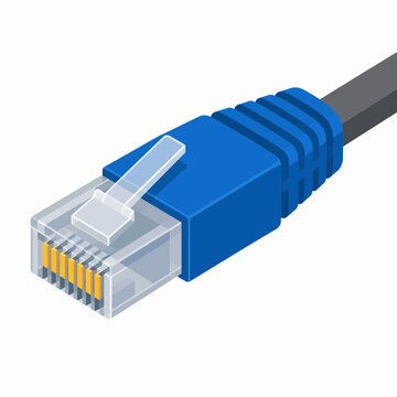 Vibrant blue Ethernet connector with visible golden pins representing high-speed data transfer and reliable networking connections for digital communication technology and internet infrastructure. Net