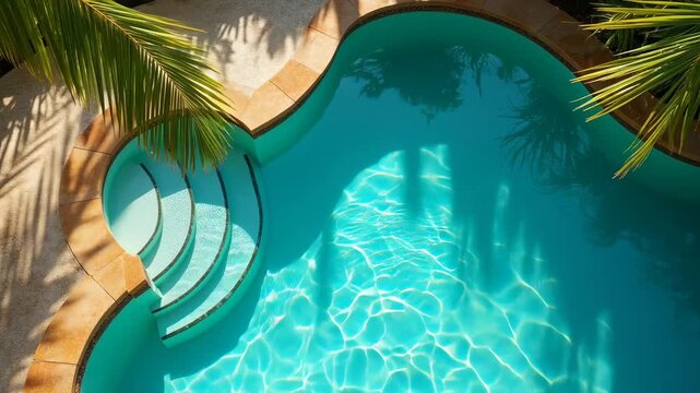 aerial view of a sunlit turquoise swimming pool with overhanging palm fronds, shimmering ripples, steps and warm stone deck, tranquil tropical relaxation