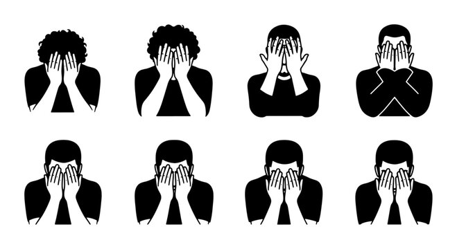 Embarrassed Faces Vector Icons, Shame and Disappointment Silhouettes, Human Emotions Set, Social Anxiety and Frustration Graphics