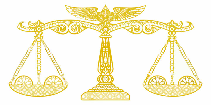 Ornate balance scale a decorative golden scale on white background
