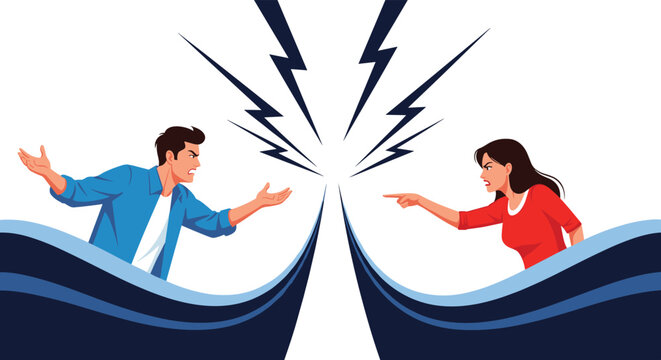 Man and woman engage in a heated argument with lightning bolts between them to represent intense domestic conflict.