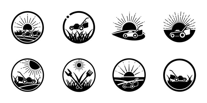Lawn Mower Icons, Gardening Tools Set, Sunrise Landscape Logos, Outdoor Maintenance Vector Graphics
