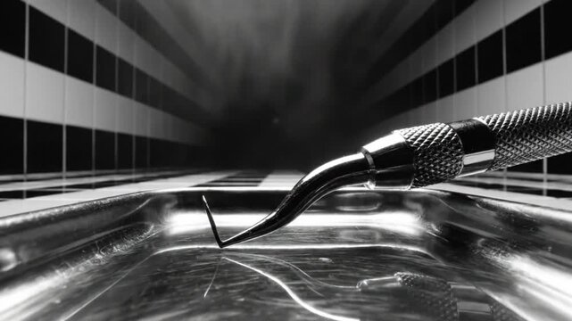 Black and White Macro Shot of a Dental Instrument on a Steel Tray Surrounded by Rising Smoke