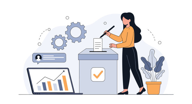 Young woman casts her vote into a ballot box while surrounded by icons of data charts and industrial gear symbols.